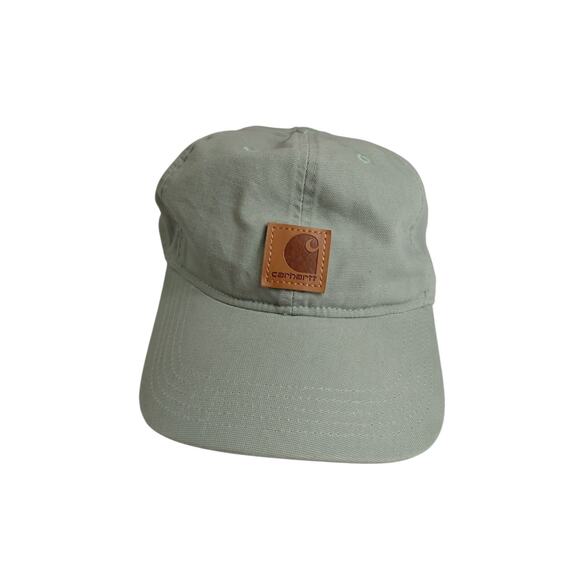 Carhartt Strapback Baseball Cap Green One Size Adjustable Leather Patch Cotton - Picture 1 of 5